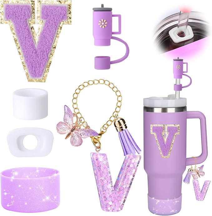 Mity rain 6PCS Cup Accessories Set for Stanley Cup 30oz 40oz tumbler with handle, Including Silicone Straw Topper Cover Cap and Boot, Spill Proof Stopper, Handle Charm, Initials Sticker (Letter V)