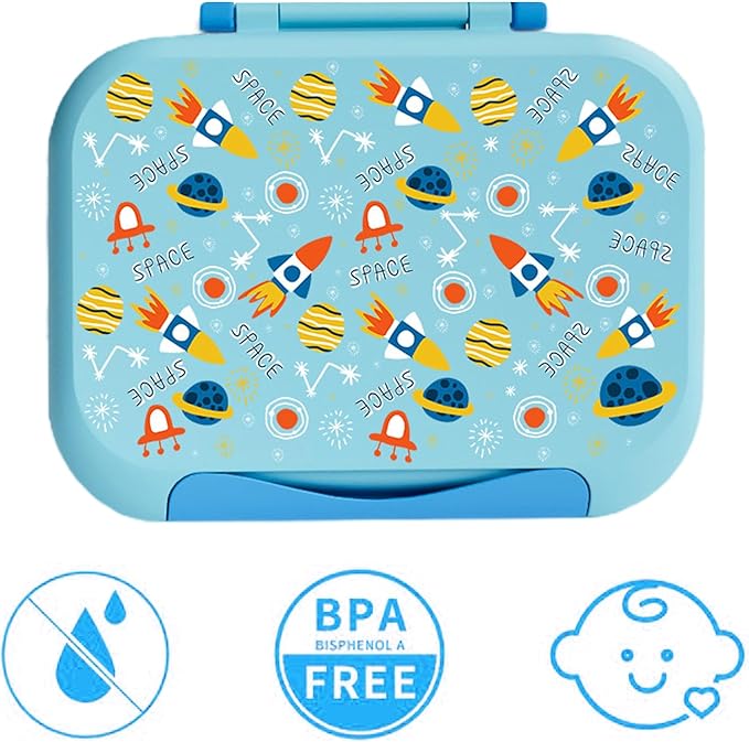 Prints Leak-Proof XL Lunch Box - Reusable 3-Compartment Containers Bento Box for meal Prepping;5-Cup Capacity for Adults & Ages 8+, BPA-Free, Dishwasher Safe (Blue - Planet Rocket)