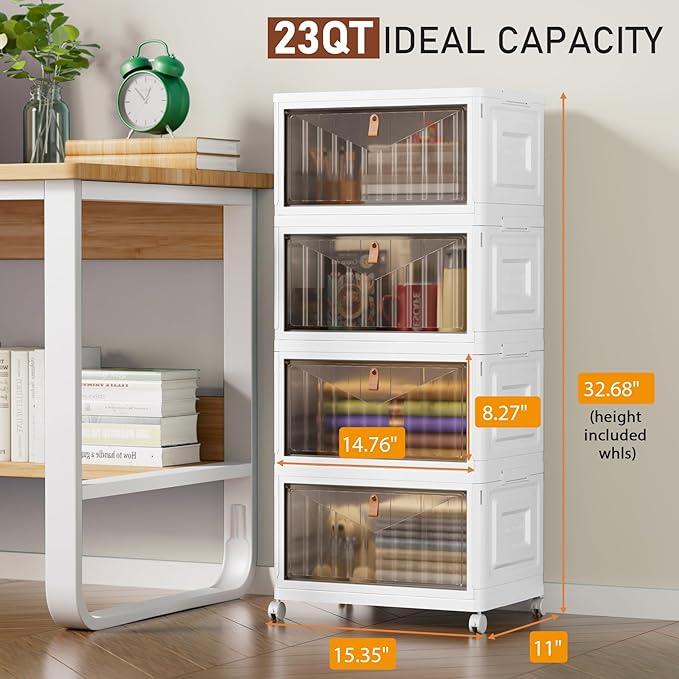 4 Tier Storage Bins with Lids, 23QT Stackable Closet Organizers and Storage with Wheels, Collapsible Storage Boxes, Foldable Plastic Storage Containers for Home,Office, Dorm Room-White