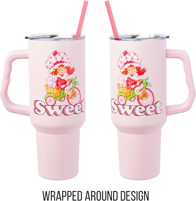 Silver Buffalo Strawberry Shortcake and Custard “Sweet” Stainless Steel Tumbler with Handle, Fits in Standard Cup Holder, 40 Ounces