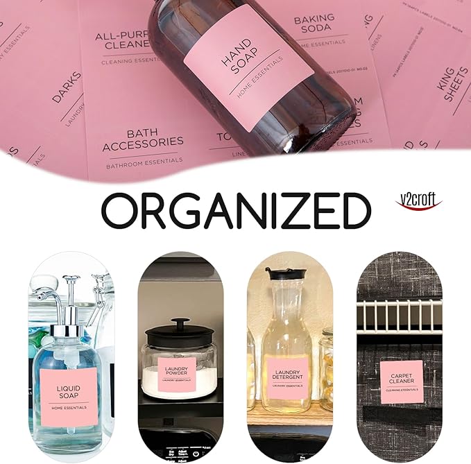144 PCS Minimalist Laundry Room Labels Set, v2croft Water Resistant Stickers,Water/Oil Resistant Stickers for Laundry Room, Linen Closet Home Bathroom and The Beauty Organization（Light Pink
