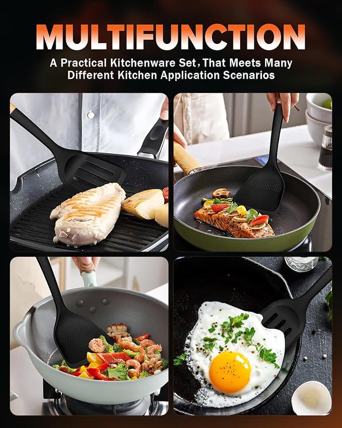 Silicone Wok Spatula Turner Set, Perfect for Scooping, Flipping, Lifting Pancakes and Picking up Veggies, BPA-Free Matte Silicone, Wooden Handles, Safe for Nonstick Cooking Surfaces (Black)