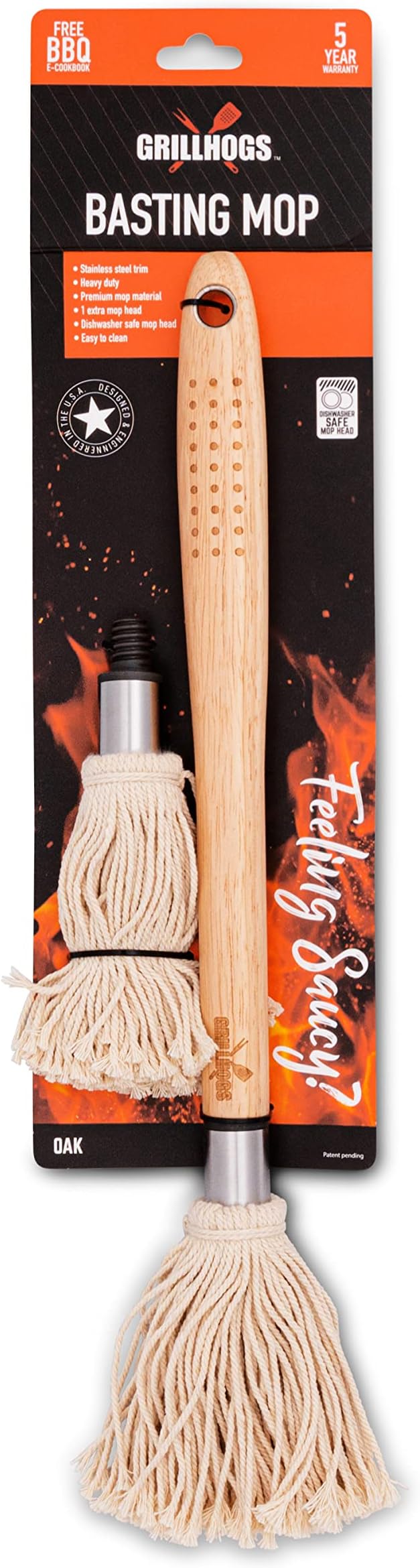 18" Basting Mop - BBQ Mop Brushes for Sauce, Extra-Absorbent Double Head, Ergonomic Durable Natural Oak Handle, BBQ Grill Brush & Sauce Brush