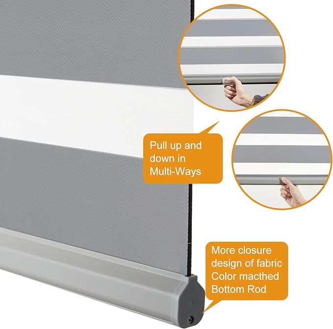 Persilux Cordless Zebra Blinds for Windows (59" W X 47" H, Grey) Free-Stop Dual Layer Roller Windows Shades for Day and Night, Light Filtering Sheer Shades for Home, Easy to Install