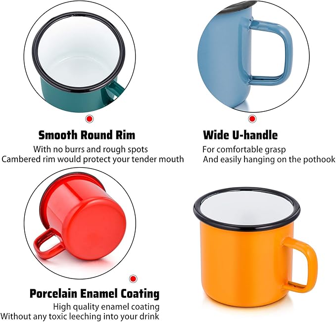 P&P CHEF Enamel Camping Coffee Mug Set of 6, Small Colored Mugs Cups for Family Gathering/Friend Party/Camping/Picnic/Fishing, Lightweight & Portable -12 Ounce, 350ML & Multicolor
