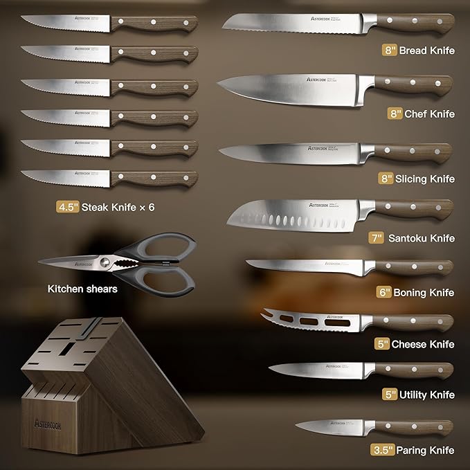 Knife Set, Astercook 17-Pieces Forged Kitchen Knife Set with Block – Full-Tang Stainless Steel Knives, Forged Triple Rivet, Luxury Walnut Handles, Gift-Ready Collection