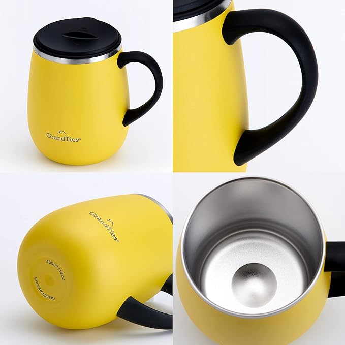 GRANDTIES Insulated Coffee Mug with Handle - Sliding Lid for Splash-Proof 16oz Wine-Glass Shape Thermal Tumbler with Double Walled Vacuum Stainless Steel to Keeps Beverages Hot or Cold-Lemon