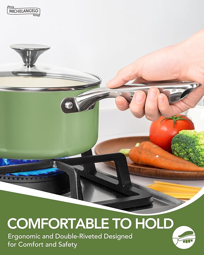 MICHELANGELO Pots and Pans Set - Nonstick Ceramic Cookware Set, 8-Piece Healthy Cooking Set, Non-Toxic, Oven Safe & Compatible with All Stovetops - Green