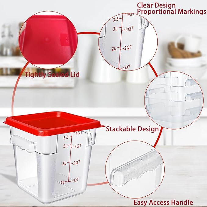 4 Pack 4QT Food Storage Containers with Red Lids, Clear Square Commercial Food Grade Storage Containers with Handles and Scales, BPA-Free Airtight Restaurant Container for Sourdough, Marinating Meat