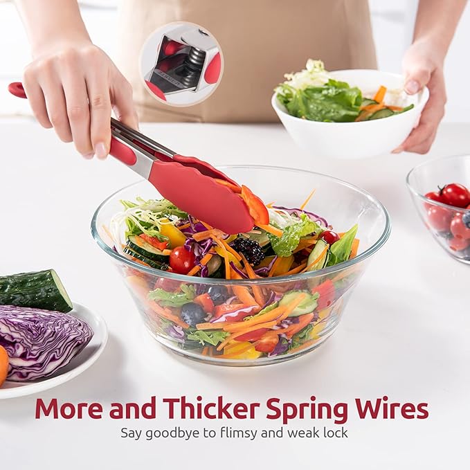 600ºF Heat Resistant Kitchen Tongs: U-Taste 9 inch Silicone Cooking Tong with Firm Sealed Non Stick Rubber Tips & Silicon Coated 18/8 Stainless Steel Handle & Smooth Locking for Serving Salad (Red)