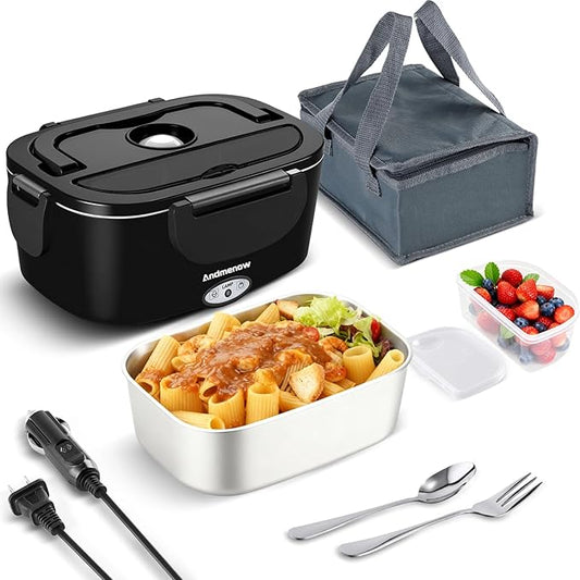 80W Faster Electric Lunch Box Update, Home Office Truck Car Food Warmer, Portable Food Heater with 304 Stainless Steel Container, Spoon & Fork and Carry Bag