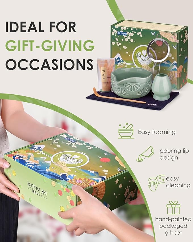 Matcha Whisk Set, Ceramic Matcha Set Includes Matcha Bowl with Spout, Matcha Whisk and Holder, Bamboo Scoop, Sifter and Tea Towel - 6 Pcs Matcha Kit Gift for Matcha Lovers (Green)