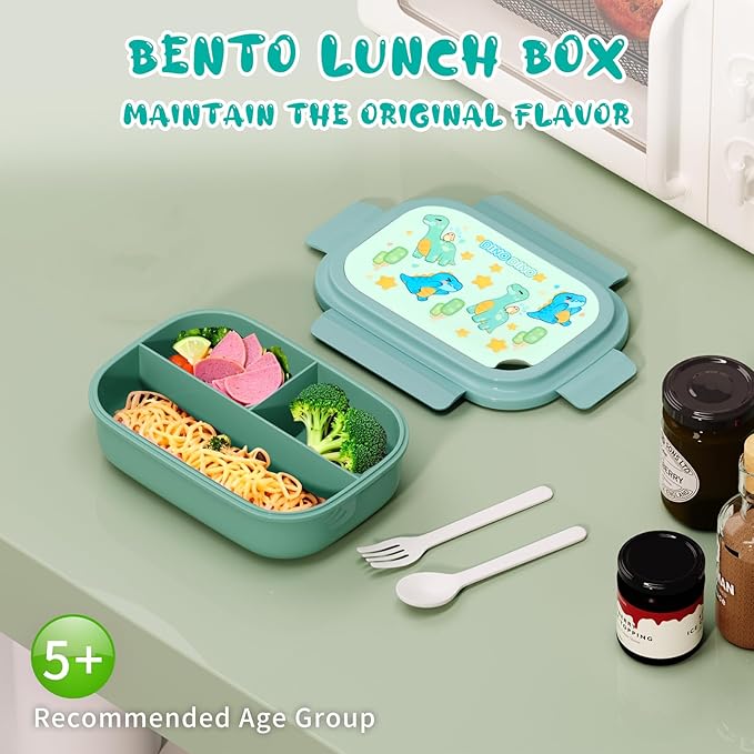 Bento Lunch Box with Kids & Children, Stackable Lunchbox Container with 3-Compartment, Durable for On-the-Go Meal, BPA-Free and Food-Safe Materials (Green)
