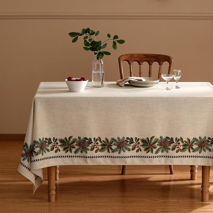 ISAENNE Designer Christmas Linen Small Rectangular Tablecloth,Light Beige Western Elegant Table Cloth,Wrinkle Resistant Decor Tablecloths for Dining Thanksgiving Kitchen Christmas,55"*71"-Carol G