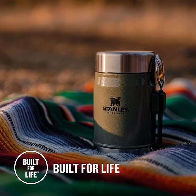 Stanley Classic Legendary Food Jar 0.4L with Spork - Keeps Cold or Hot For 7 Hours - BPA-Free Stainless Steel Soup Flask - Leakproof - Dishwasher Safe - Hammertone Green