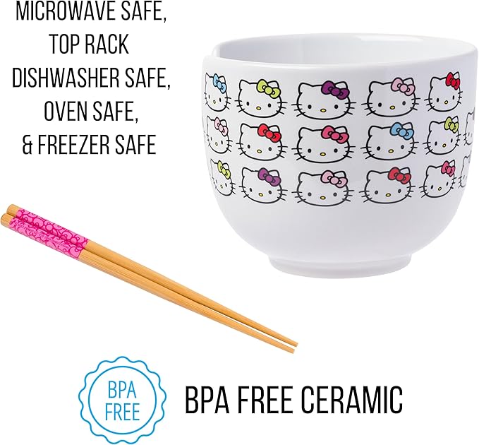 Silver Buffalo Sanrio Hello Kitty Face with Different Color Bows Pattern Ceramic Ramen Noodle Rice Bowl with Chopsticks, Microwave Safe, 20 Ounces