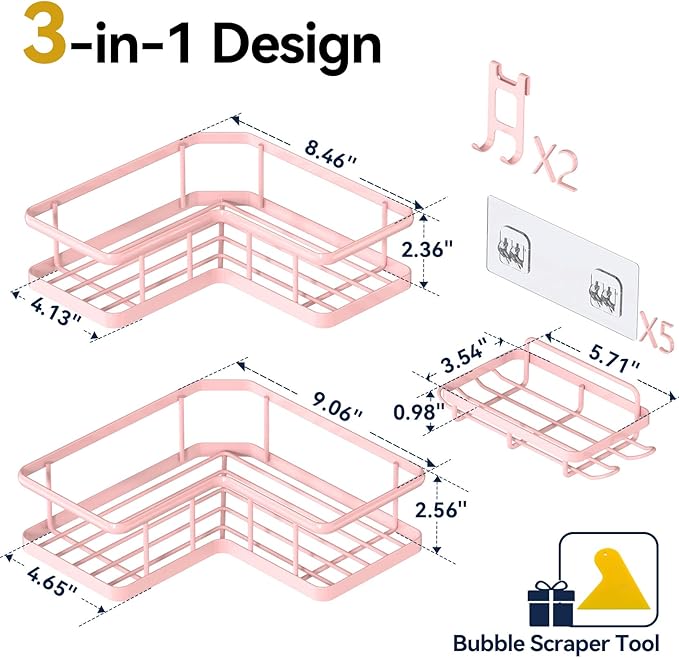 YASONIC Shower Caddy Corner, 3-Pack Adhesive Rustproof Stainless Steel Shower Shelves with Soap Holder, No Drilling Shower Organizer Corner for Dorm, Renters Bathroom, Pink