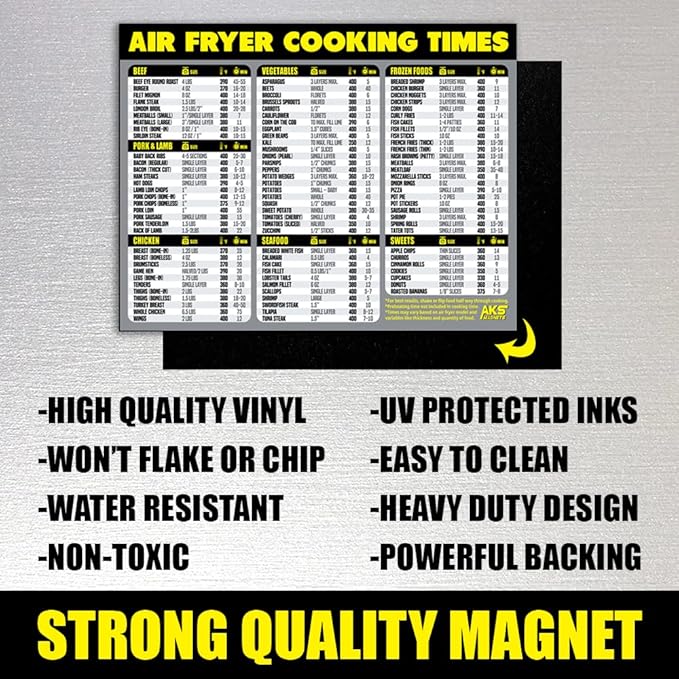 Air Fryer Cooking Times Chart Magnet - Extra Large Easy to Read Airfryer Magnetic Cheat Sheet - Healthy Airfryers Cookbook Accessory Liners Food Kitchen Conversion - Air Fryer Oven Accessories (Grey)