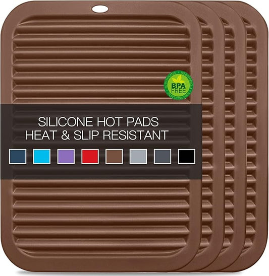 4 Pack Silicone Trivets for Hot Dishes Large 446°F Heat Resistant Pot Holder Hot Pads for Kitchen 9'' x 12' Brown Silicone Trivet Mat for Hot Pots and Pans, Jar Opener, Drying Mat