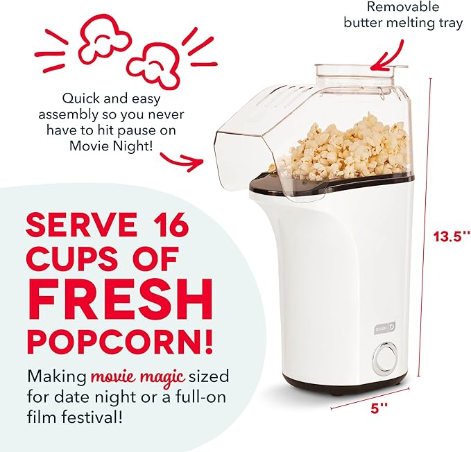 DASH Hot Air Popcorn Popper Maker with Measuring Cup to Portion Popping Corn Kernels + Melt Butter, 16 Cups - White