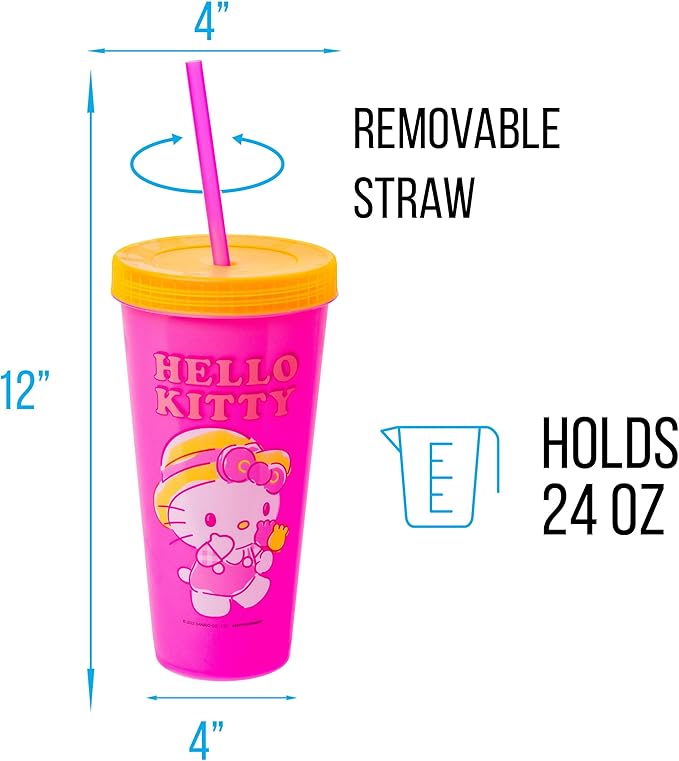 Silver Buffalo Sanrio Hello Kitty Summertime Gardening Color Changing Plastic Tumblers Includes Lid and Straw, 24 Ounces (Pack of 48)