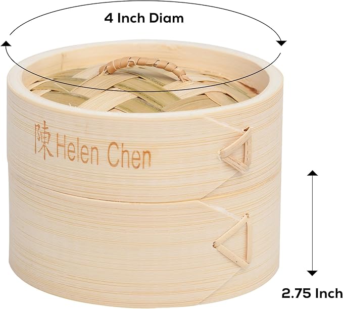 Helen's Asian Kitchen Bamboo Food Steamer with Lid - 100% Natural Bamboo - Basket Steamers for Cooking Dumplings, Dim Sum, Veggies, Fish, Meat - Preserve Nutrients & Flavors - 4-Inch, Set of 2
