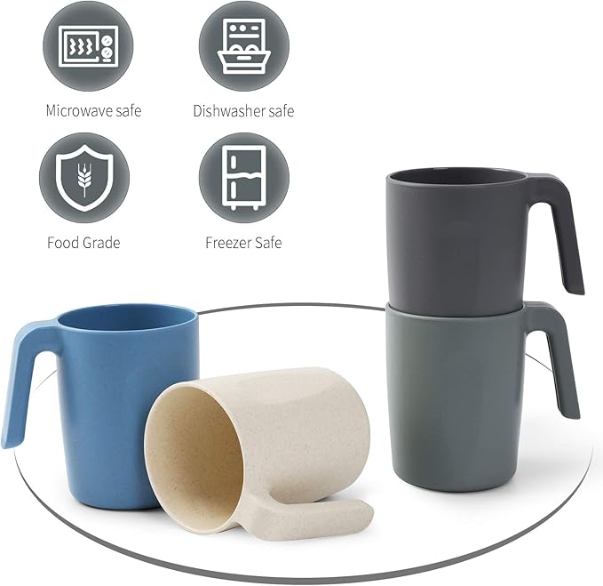 shopwithgreen 15 oz Wheat Straw Cup with Handles, Unbreakable Drinking Glasses Stackable | Reusable Water Tumbler, Mug Set for Coffee, Wine, Camping, BPA-Free | Dishwasher & Microwave Safe