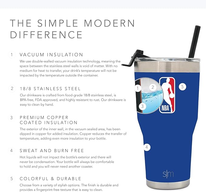 Simple Modern Officially Licensed NBA Tumbler with Flip Lid and Straw Insulated Stainless Steel Cup | Cruiser Collection | 30oz