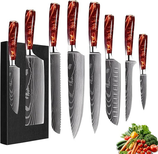 8-Piece Premium Japanese Kitchen Knife Set - Imperial Collection, Laser Damascus Pattern, 440A Stainless Steel Ultra Sharp for Fast Cutting (Red 8J)
