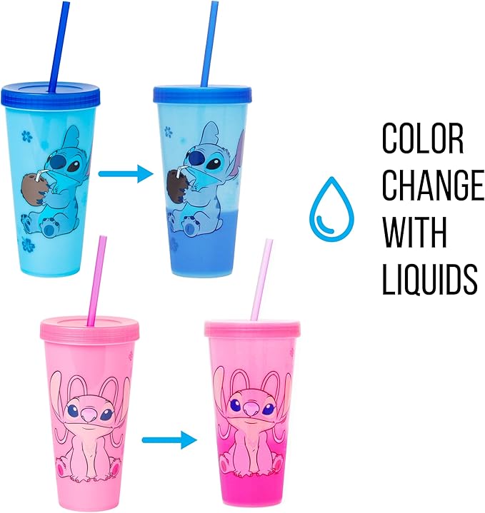 Silver Buffalo Disney Lilo and Stitch Angel Coconut Flowers 2 Count Color Change Plastic Tumbler, 24-Ounce (Pack of 12)