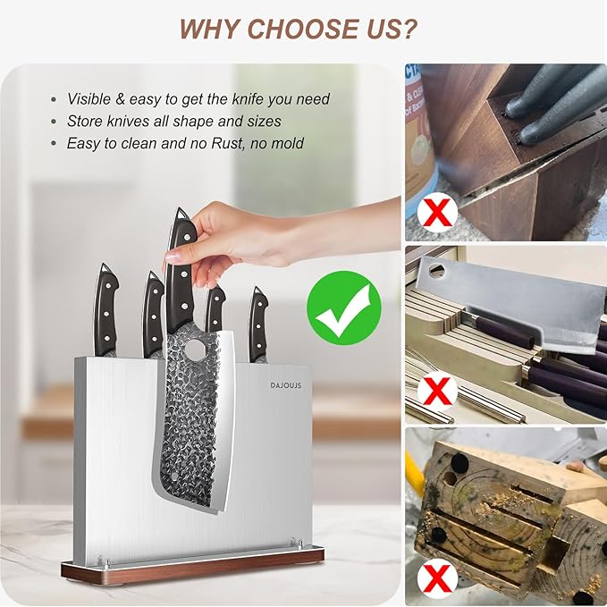 Magnetic Knife Holder, Stainless Steel Magnetic Knife Block without Knives, Strong Double Sided Magnet Knife Storage Strip with Wood Base for Kitchen Counter-Silver