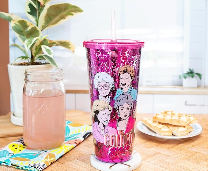 Silver Buffalo The Golden Girls Featuring Blanche, Sophia, Dorothy, and Rose Plastic Confetti Cold Cup with Lid and Straw, 32 Ounces