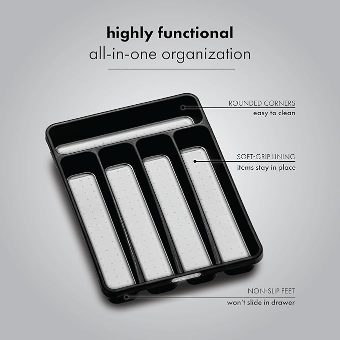 madesmart Classic Mini Silverware Tray, Soft Grip, Non-Slip Kitchen Drawer Organizer, 5 Compartments, Multi-Purpose Home Organization, BPA Free, Granite