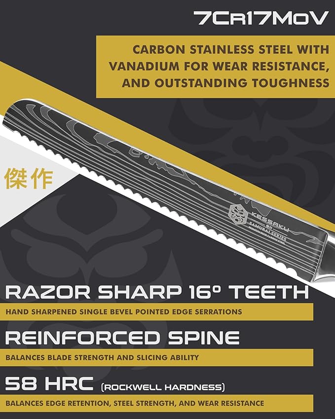 KESSAKU Serrated Bread Knife - 8 inch - Samurai Series - Razor Sharp Kitchen Knife - Forged 7Cr17MoV High Carbon Stainless Steel - Wood Handle with Blade Guard