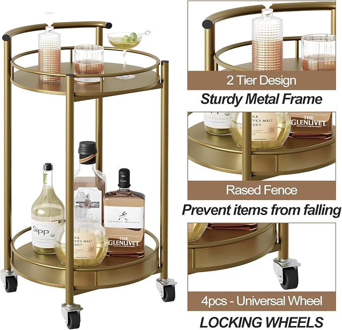 Bar Cart Gold Rolling Cart for Home, 2 Tiers Bar Serving Cart Round Wine Cart - Image 8