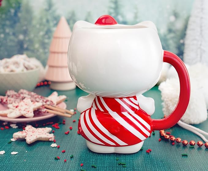 Silver Buffalo Sanrio Hello Kitty Christmas Holiday Candy Cane Dress 3D Sculpted Ceramic Mug, 20 Ounces