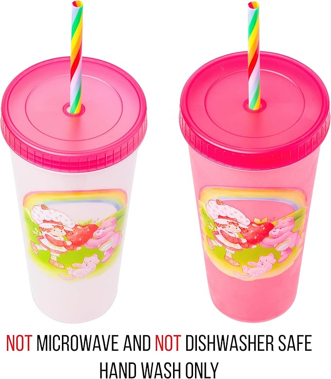 Silver Buffalo Care Bears Strawberry Shortcake Color Change Plastic Tumbler 4 Pack Featuring Orange Blossom Lemon Meringue Cheer Funshine Friend Blueberry Muffin Grumpy, 24 Ounces