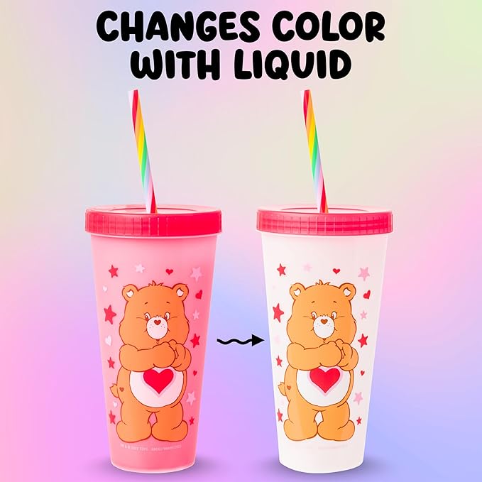 Silver Buffalo Care Bears Hearts and Stars 4 Pack Plastic Color Changing Tumblers with Rainbow Swirl Straws Featuring Tenderheart, Funshine, Cheer, and Grumpy Bear 24 Ounces