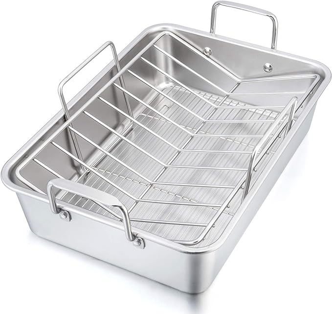 P&P CHEF 16" Roaster Roasting Pan with Baking Rack and V-shaped Rack, Stainless Steel Rectangular Lasagna Pan with Handles for Turkey Chicken, Healthy & Dishwasher Safe, 3 Pieces, Silver