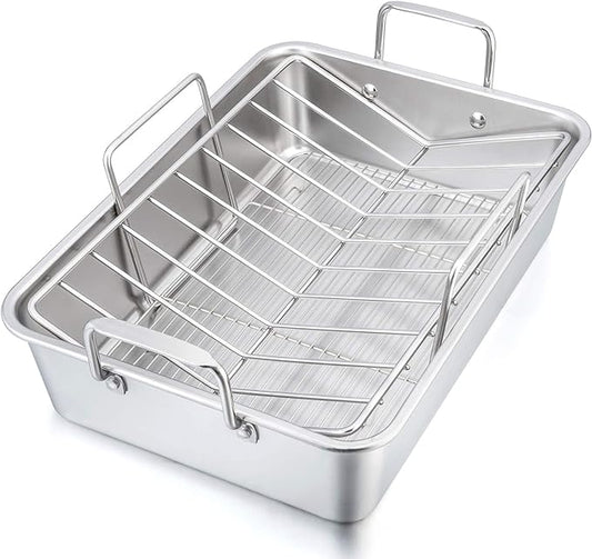 P&P CHEF 16" Roaster Roasting Pan with Baking Rack and V-shaped Rack, Stainless Steel Rectangular Lasagna Pan with Handles for Turkey Chicken, Healthy & Dishwasher Safe, 3 Pieces, Silver