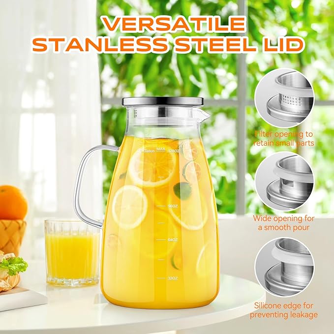 1 Gallon 128oz Glass Pitcher, Water Pitcher with Lid and Spout, Glass Carafe for Hot/Cold Drink, Water Jug for Iced Tea, Coffee, Juice, Milk, Beverage (Extra-Wide Mouth)