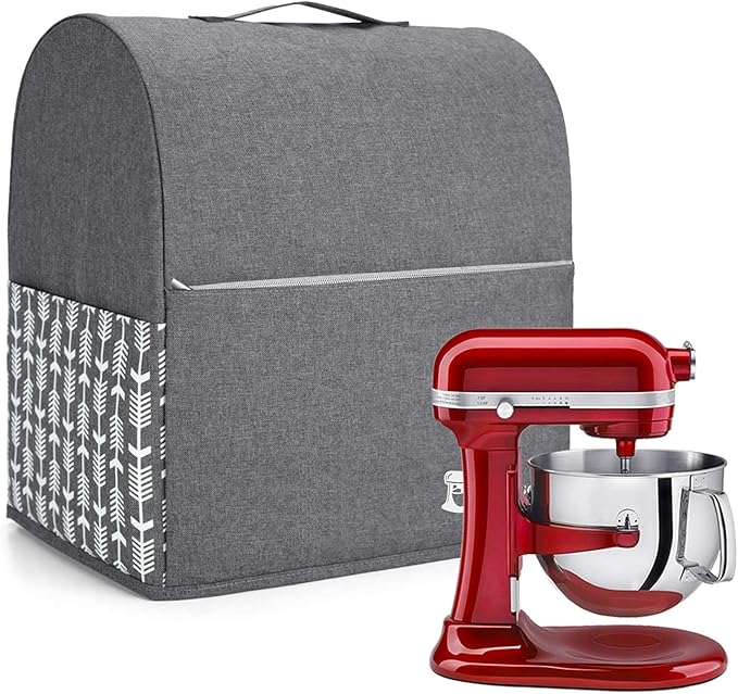 Yarwo Stand Mixer Cover Compatible with 6-8 Quart KitchenAid Mixer, Protective Dust Cover with Top Handle and Pockets for Accessories, Gray with Arrow