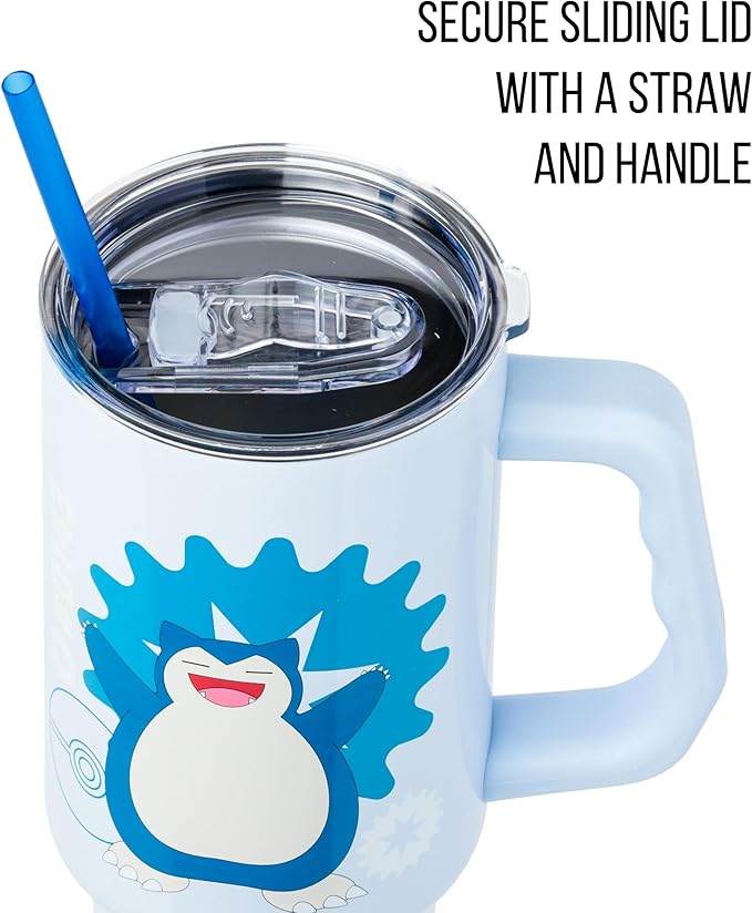 Silver Buffalo Pokémon Stainless Steel Tumbler with Handle Featuring Snorlax, Fits in Standard Cup Holder, 40 Ounces