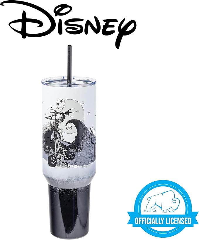 Silver Buffalo Disney Nightmare Before Christmas by Tim Burton Jack Skellington Hill and Moon Stainless Steel Tumbler with Handle and Straw, Fits in Standard Cup Holder, 40 Ounces (Pack of 12)