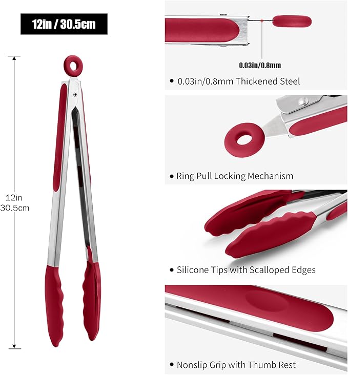 Doosu Kitchen Tongs for Cooking - 600°F Heat Resistant Food Tong with Non-Scratch Silicone Tips, Heavy Duty Stainless Steel Locking Tong for BBQ, Grilling Steak, Serving Salad, Pasta (12in, Red)