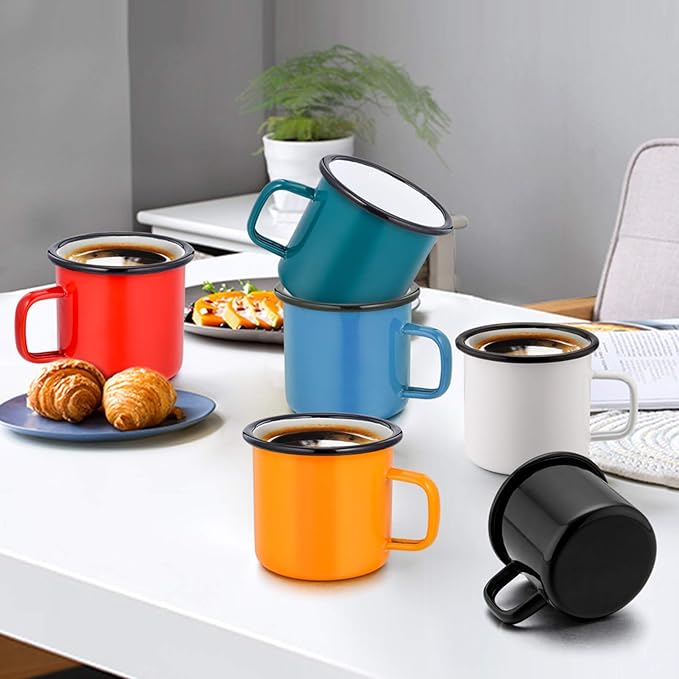 P&P CHEF Enamel Camping Coffee Mug Set of 6, Small Colored Mugs Cups for Family Gathering/Friend Party/Camping/Picnic/Fishing, Lightweight & Portable -12 Ounce, 350ML & Multicolor