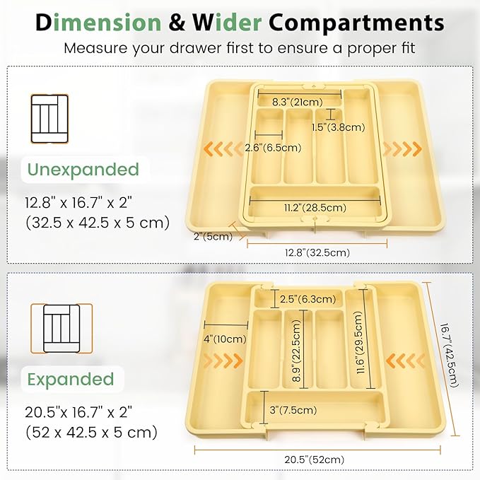 Caperci Large Silverware Organizer for Kitchen Drawer & Utensils - Expandable Drawer Organizer for Cutlery, Flatware & Gadget, BPA-Free Thick Plastic, Wider Compartments & Non-skid Feet (Desert Sand)