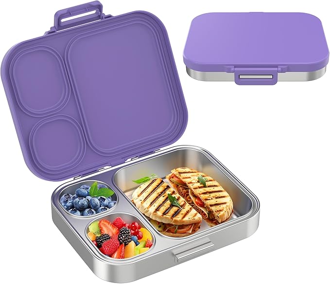 Stainless Steel Bento Lunch Box for Kids | 3-Compartment Lunch Box Container Kids | 100% Leakproof, Eco-Friendly, Perfect Portion Control for Kids&Adult Healthy Meals (Purple)