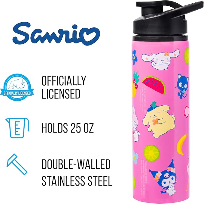 Silver Buffalo Sanrio Hello Kitty and Friends Tropical Stainless Steel Water Bottle Featuring Keroppi, Tuxedo Sam, Badtz-Maru, and Pochacco, 25 Ounces