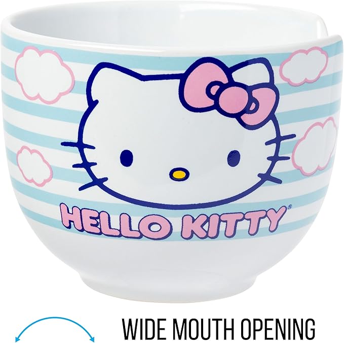 Silver Buffalo Sanrio Hello Kitty Blue and Pink Skies Ceramic Ramen Noodle Rice Bowl with Chopsticks, Microwave Safe, 20 Ounces